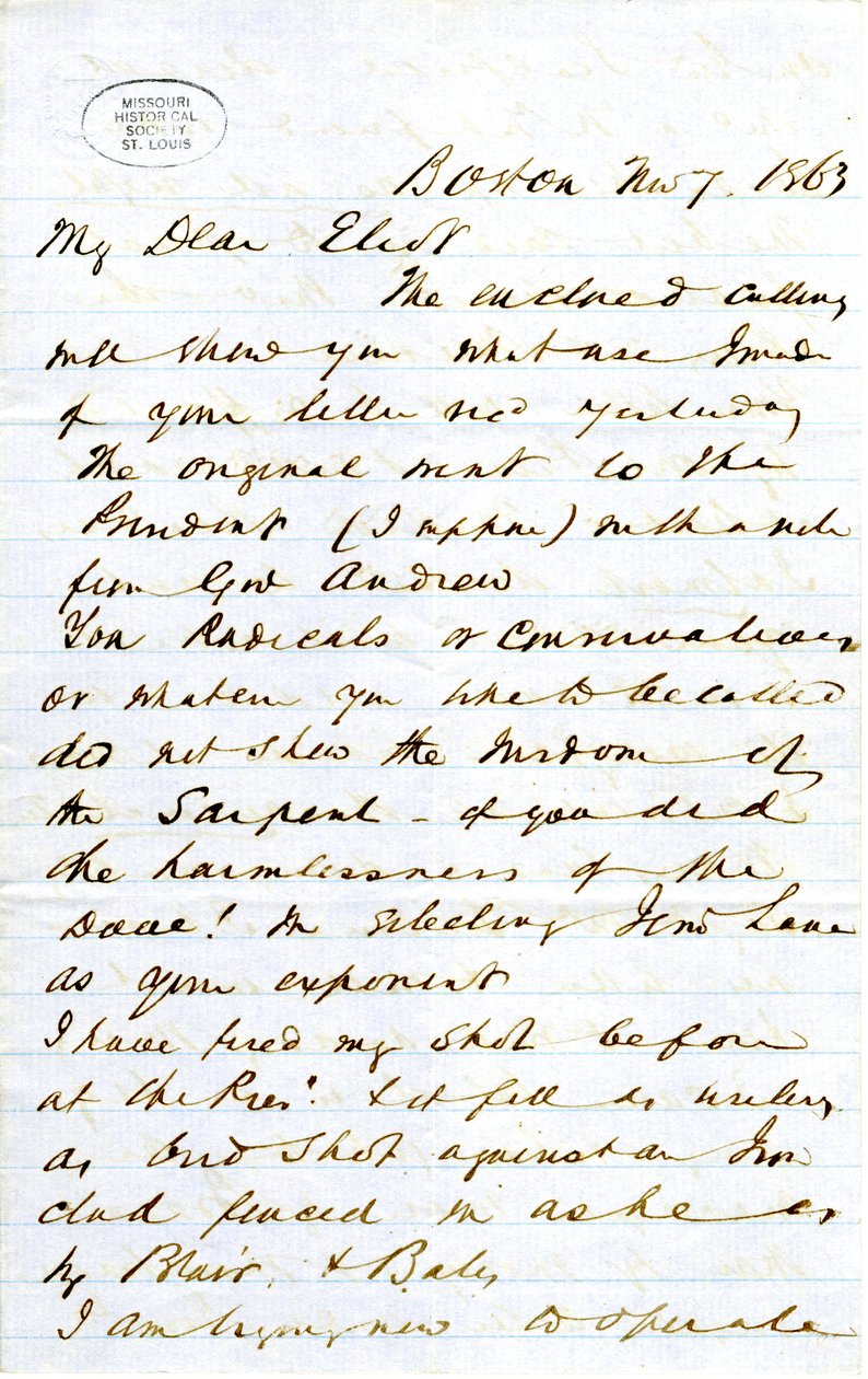 Lettera firmata J.M.F. [J.M. Forbes], Boston, a Eliot [William G. Eliot], 7 novembre 1863 da J. M. Forbes