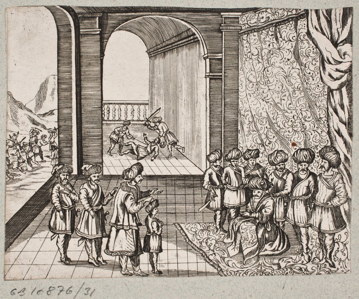 Illustrazione per Adam Olearius, "Persianischer Rosenthal von einem Sinnreichen Poeten Schich Saadi [...]", Schleswig 1660 da J. Muller