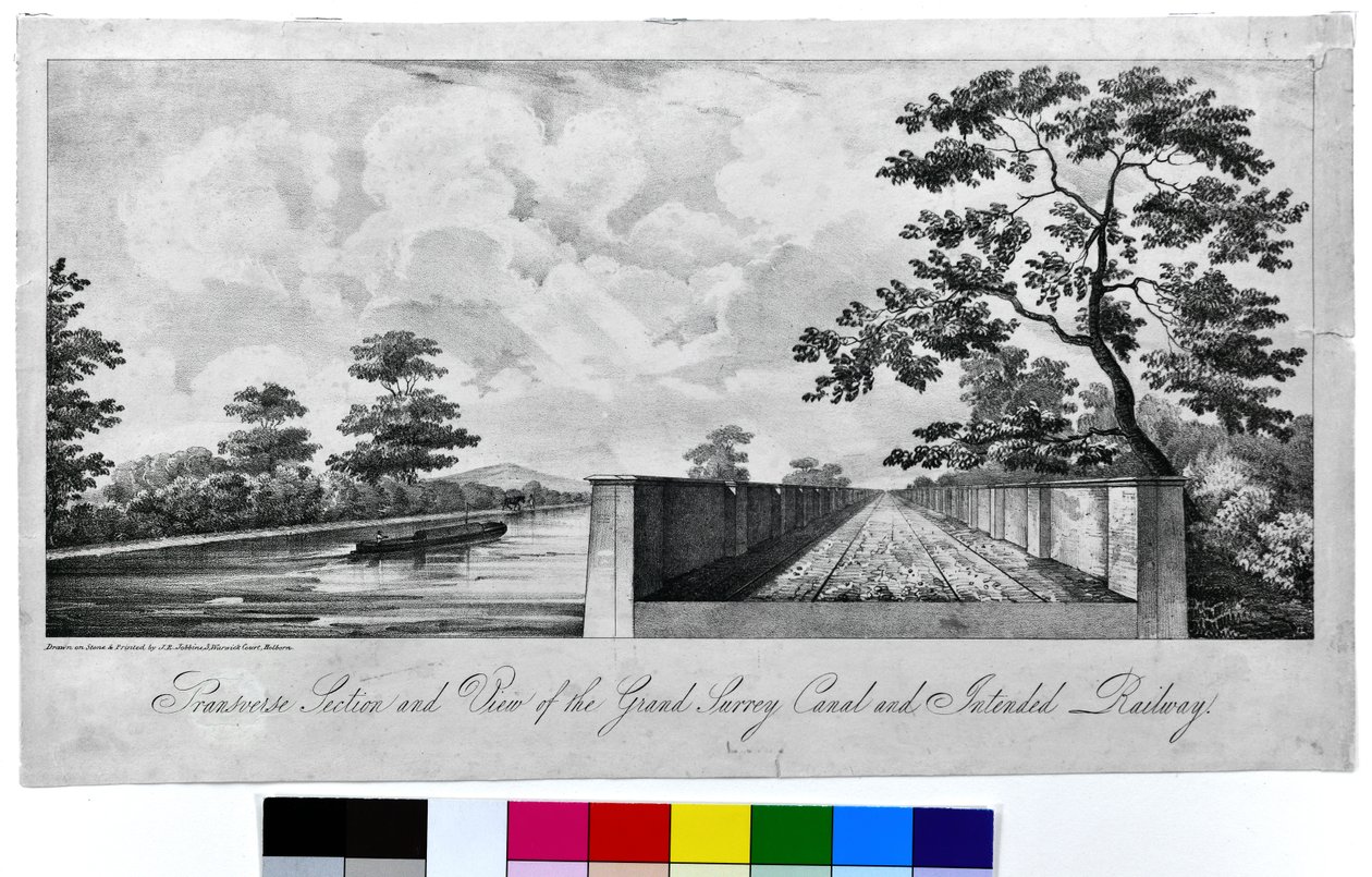 Sezione trasversale e vista del Grand Surrey Canal e della ferrovia prevista, c.1835 da J. R. Jobbins