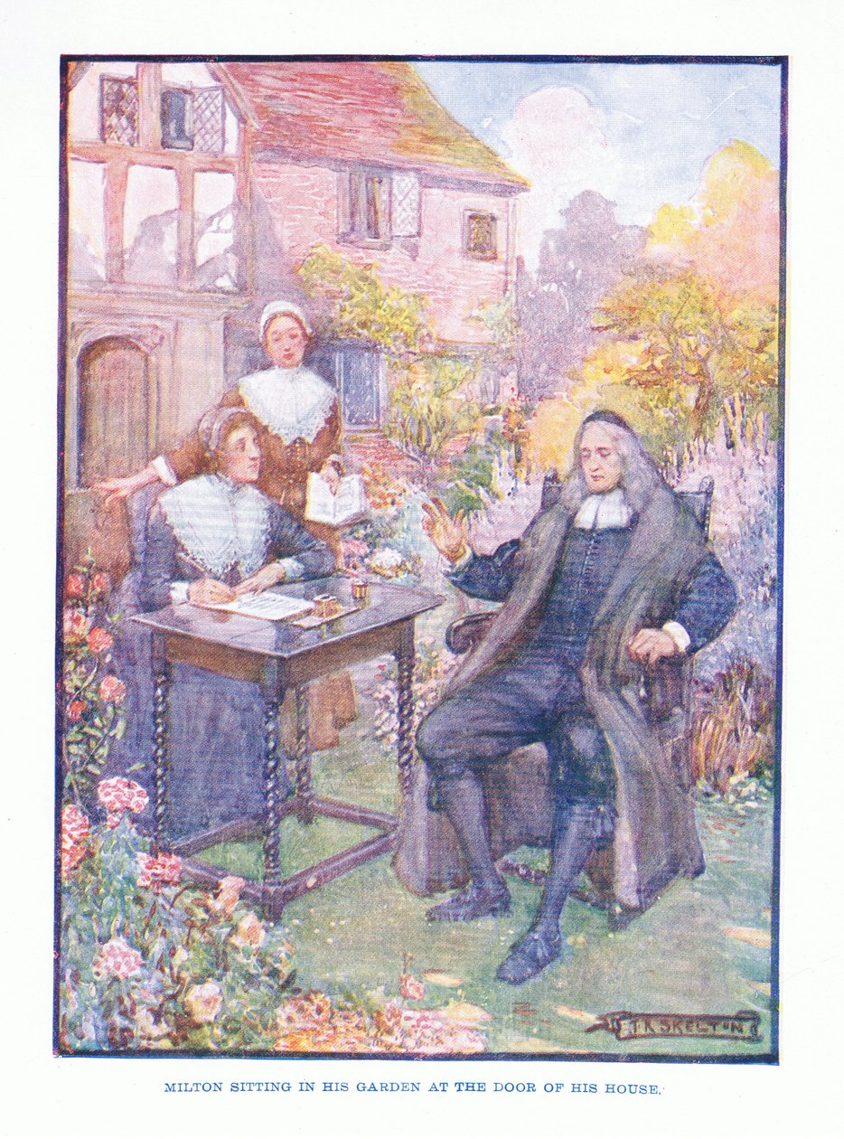 Milton seduto nel suo giardino alla porta di casa, da Letteratura Inglese pub. da T C & EC Jack, c.1920 da J. R. Skelton