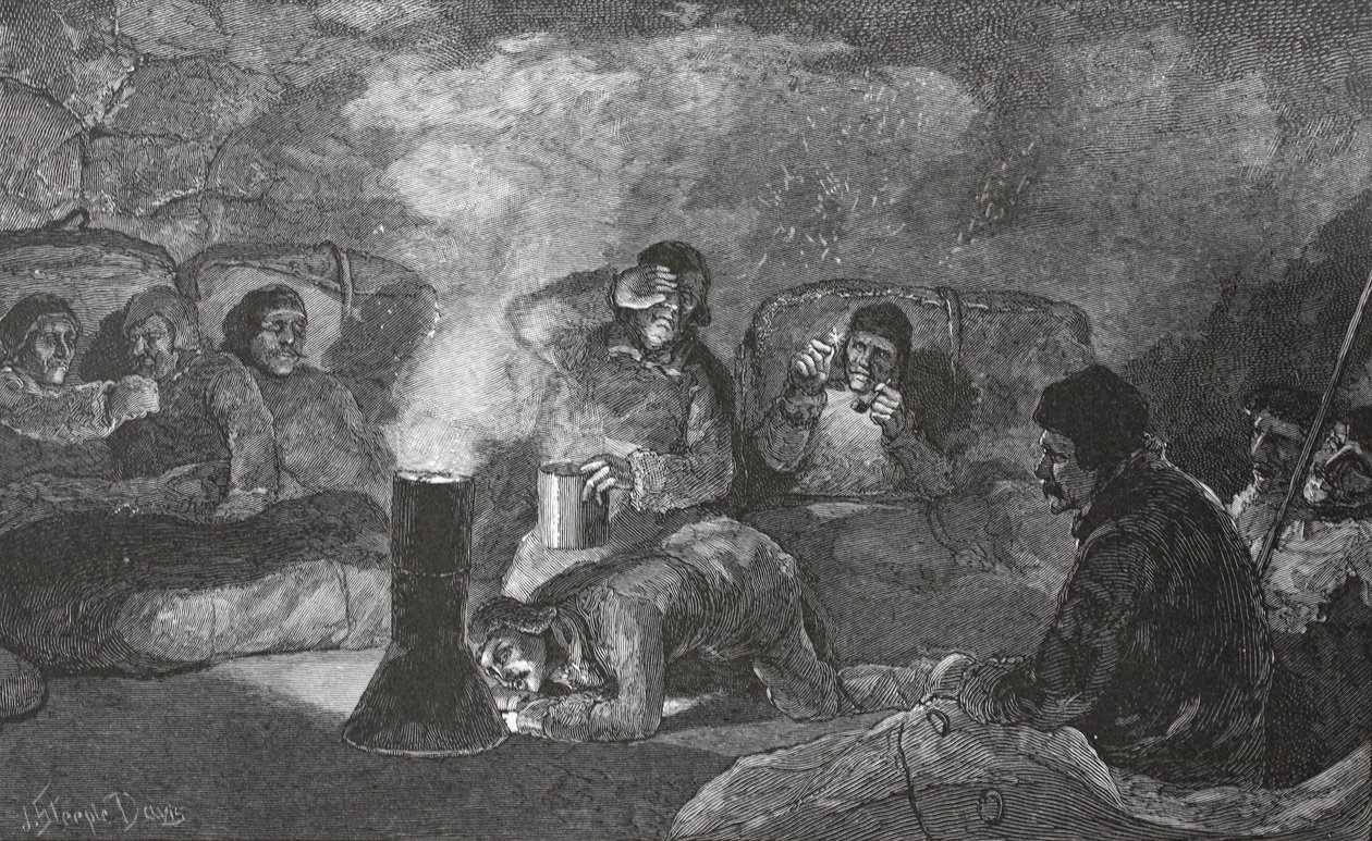 Interno della nostra capanna invernale a Camp Clay, durante la cottura, 1883 pub. Londra 1886 da J. Steeple Davis