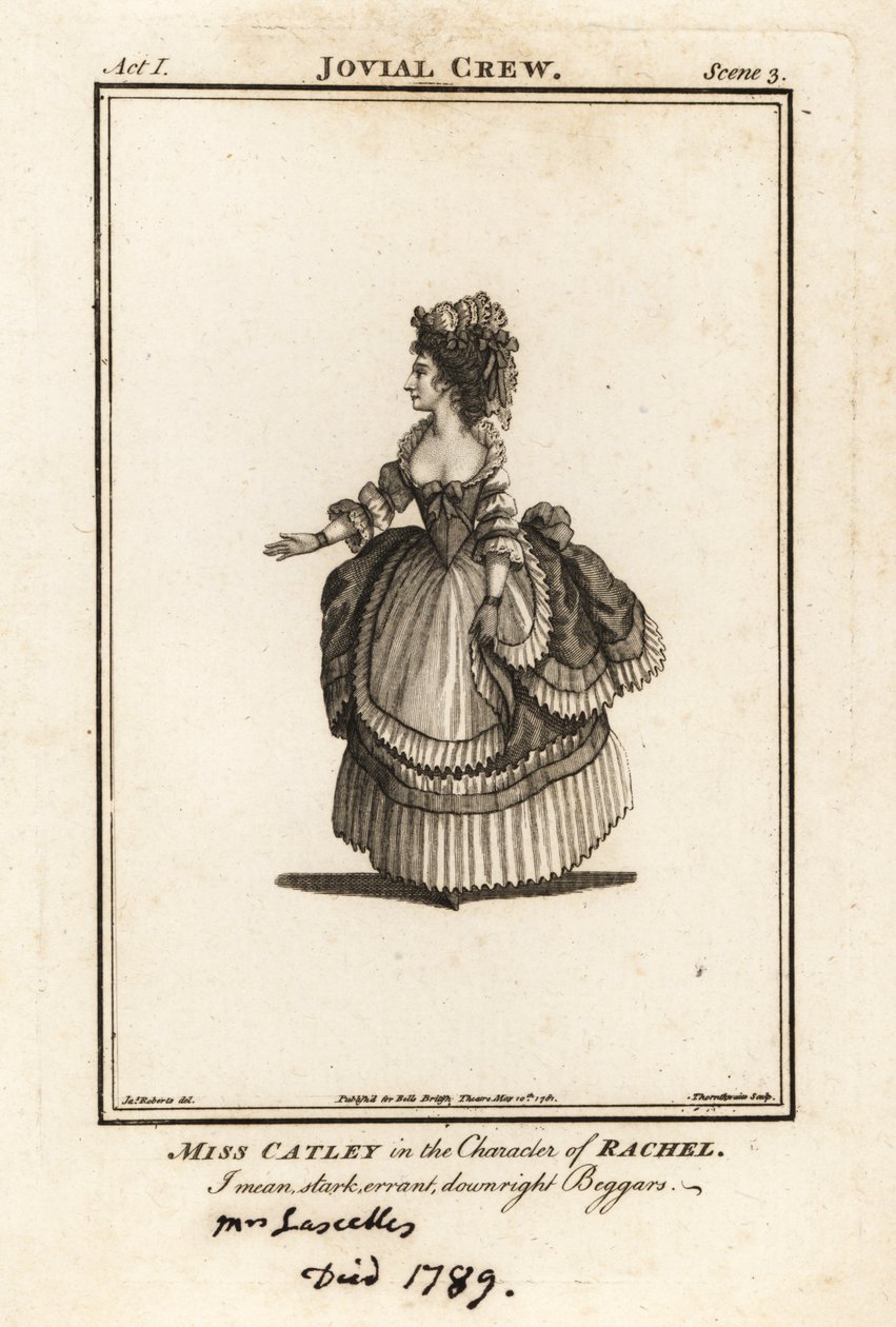 Miss Ann Catley nel ruolo di Rachele in The Jovial Crew di Richard Brome, Covent Garden Theatre da J. Thornthwaite