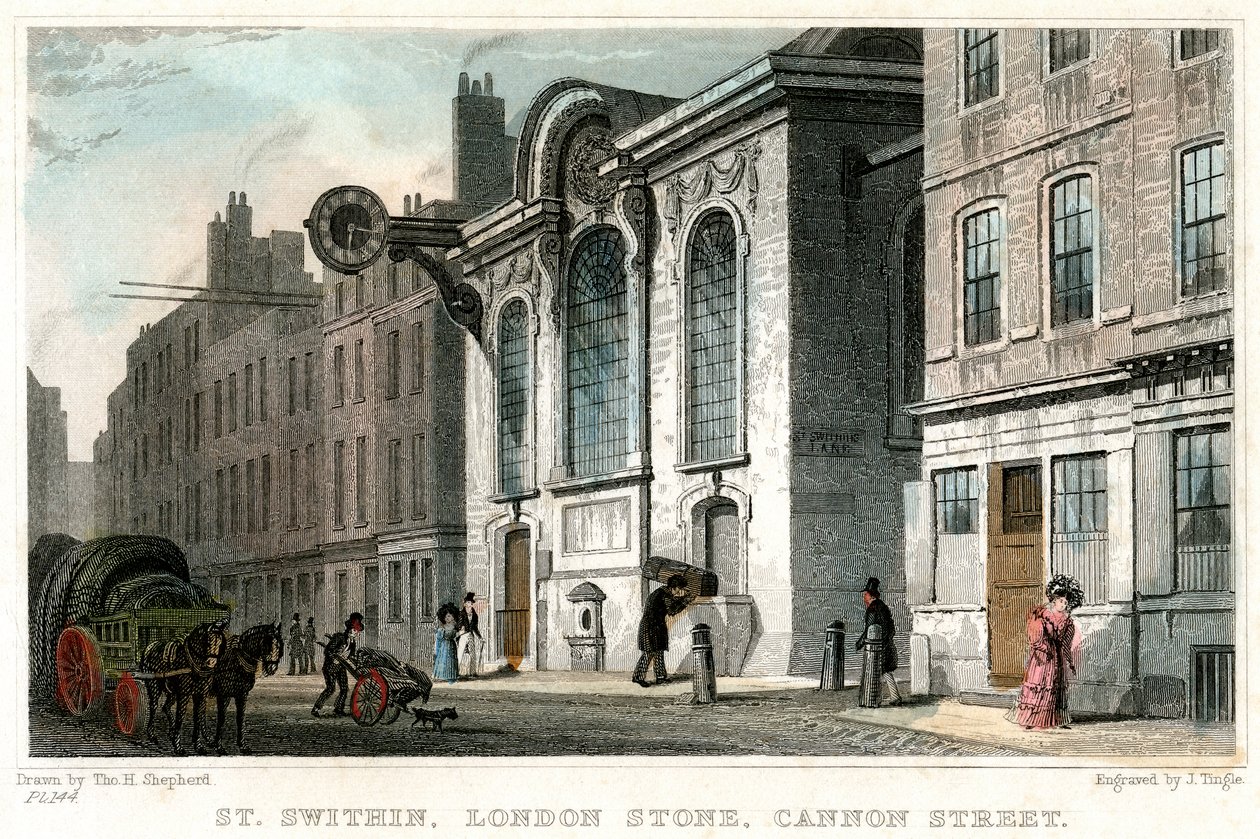 Chiesa di San Swithin e la Pietra di Londra, Cannon Street, Città di Londra, c1830 da J. Tingle