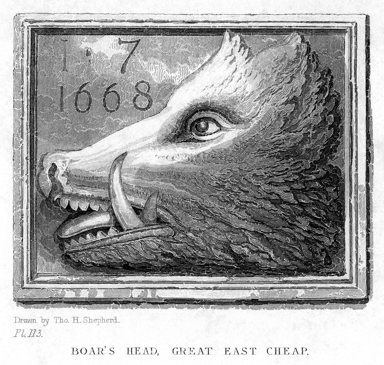 Insegna della locanda del Boars Head Tavern, Eastcheap, Londra, XIX secolo da J. Tingle