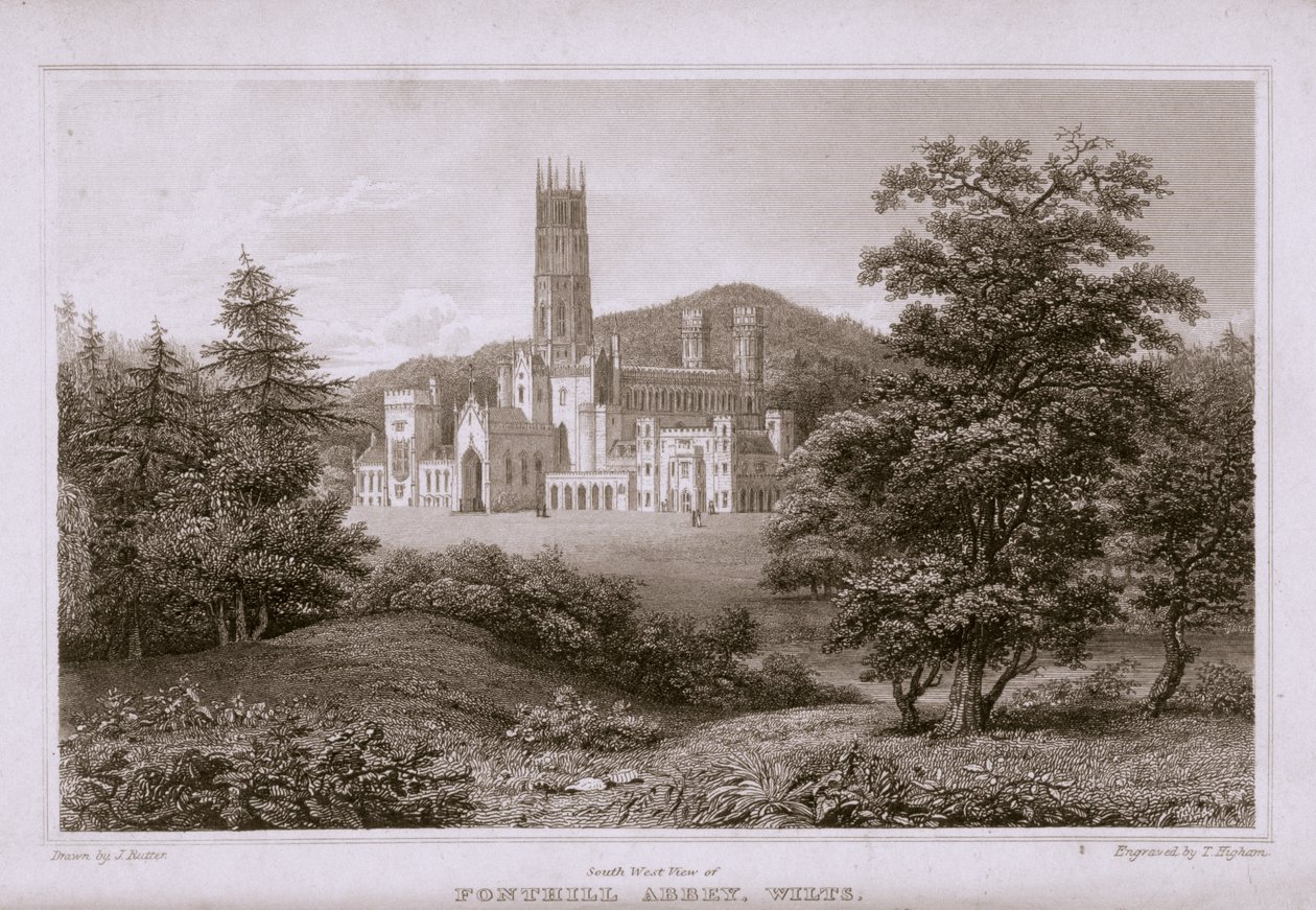 Vista sud-ovest di Fonthill Abbey, inciso da T. Higham, 1823 da J. after Rutter