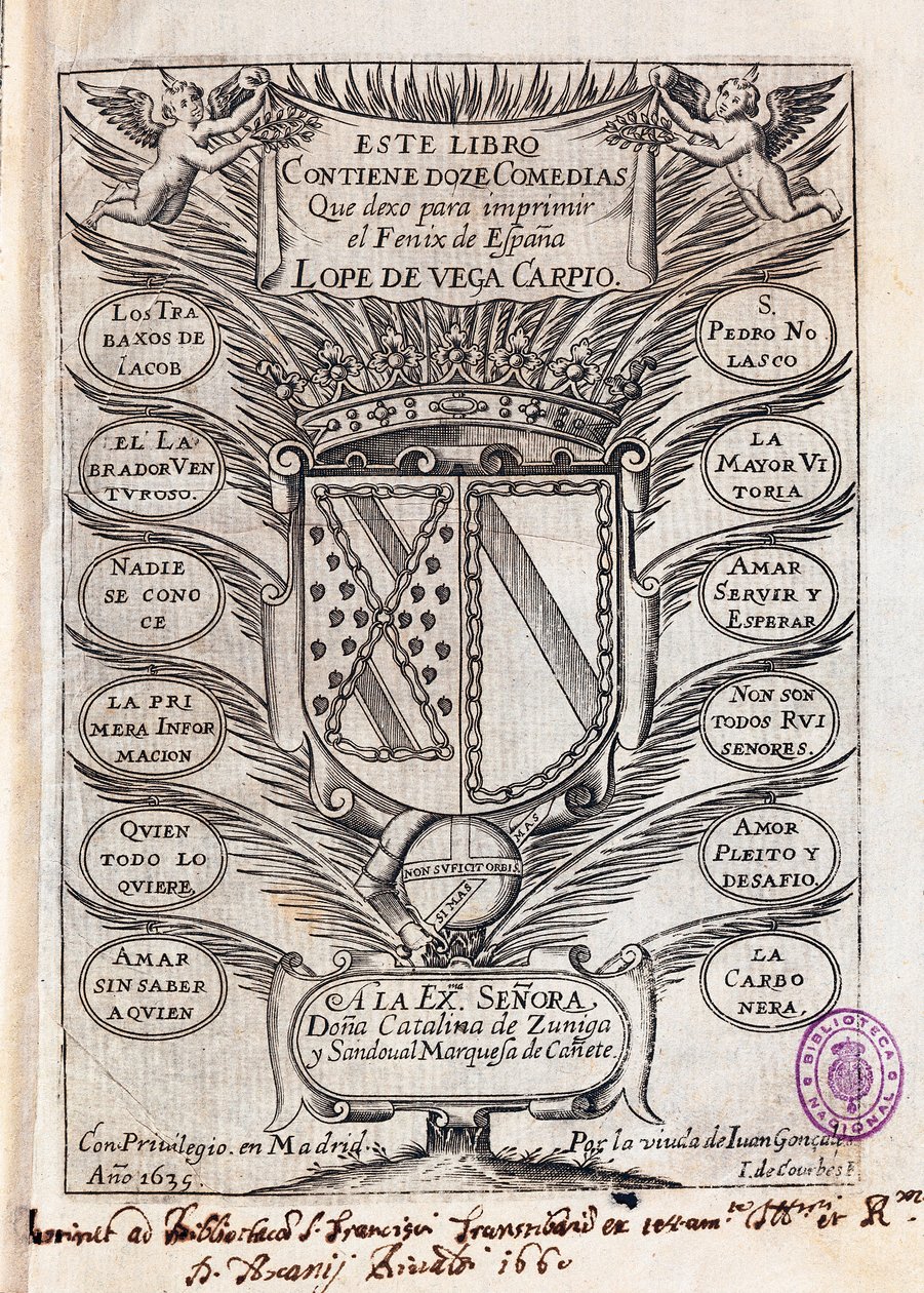 Mezza pagina del titolo della raccolta di dodici commedie di Felix Lope de Vega Carpio (1562-1635) da J. de (after) Courbes