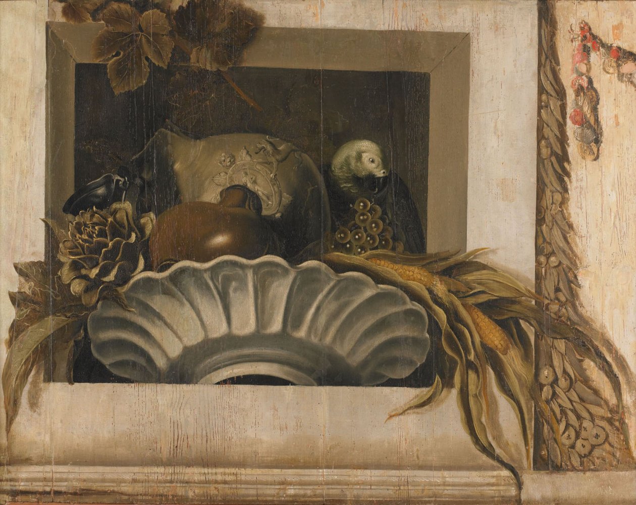 Natura morta di verdure e un pappagallo in una nicchia da Jacob van Campen