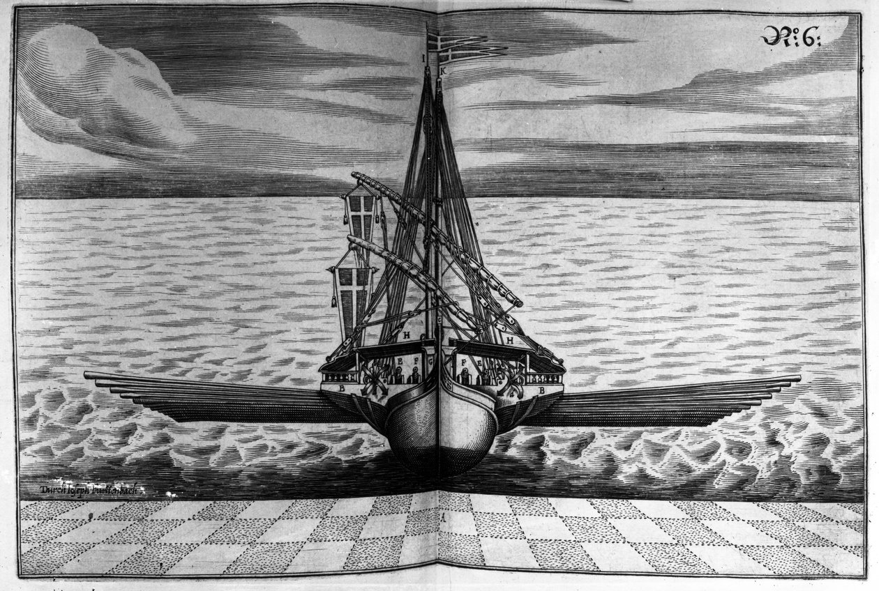 Vista frontale di una nave da guerra con due alberi, illustrazione da 