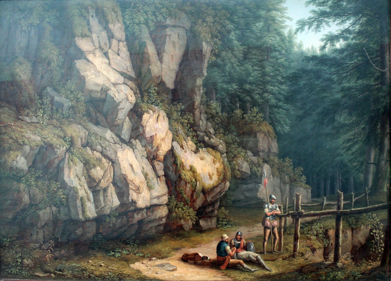 Due guerrieri in un paesaggio di alberi e rocce da Jacob Philippe Hackert