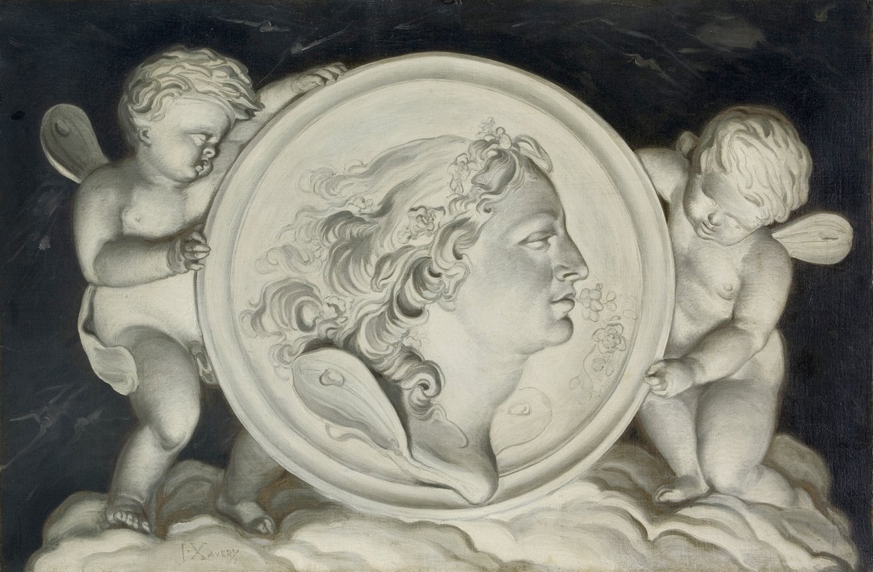 Zefiro in un tondo dipinto sostenuto da putti fluttuanti sulle nuvole da Jacob Xavery