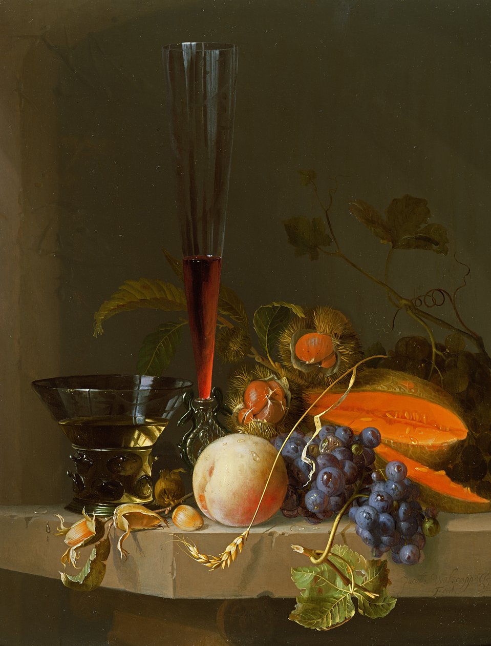 Natura morta di frutta su una mensola con un roemer e un bicchiere di vino da Jacob van Walscapelle