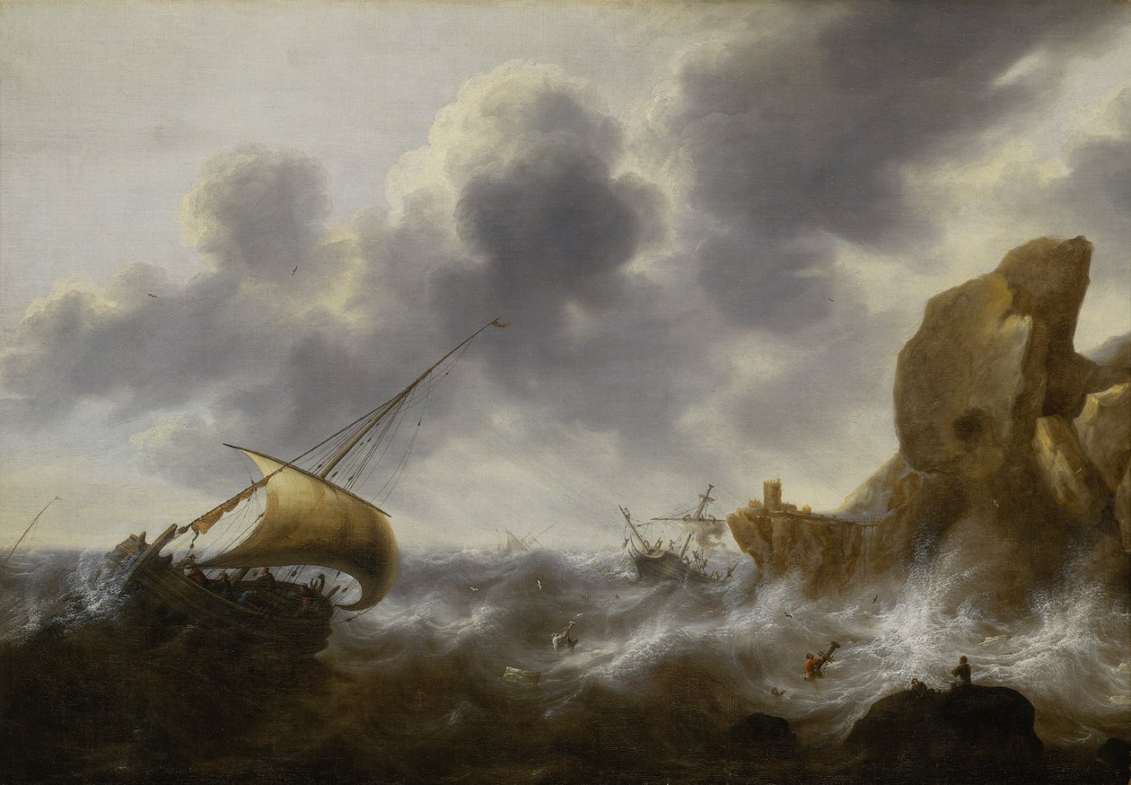 Una barca da pesca al largo di una costa rocciosa in una tempesta con un relitto da Jacob Adriaensz. Bellevois