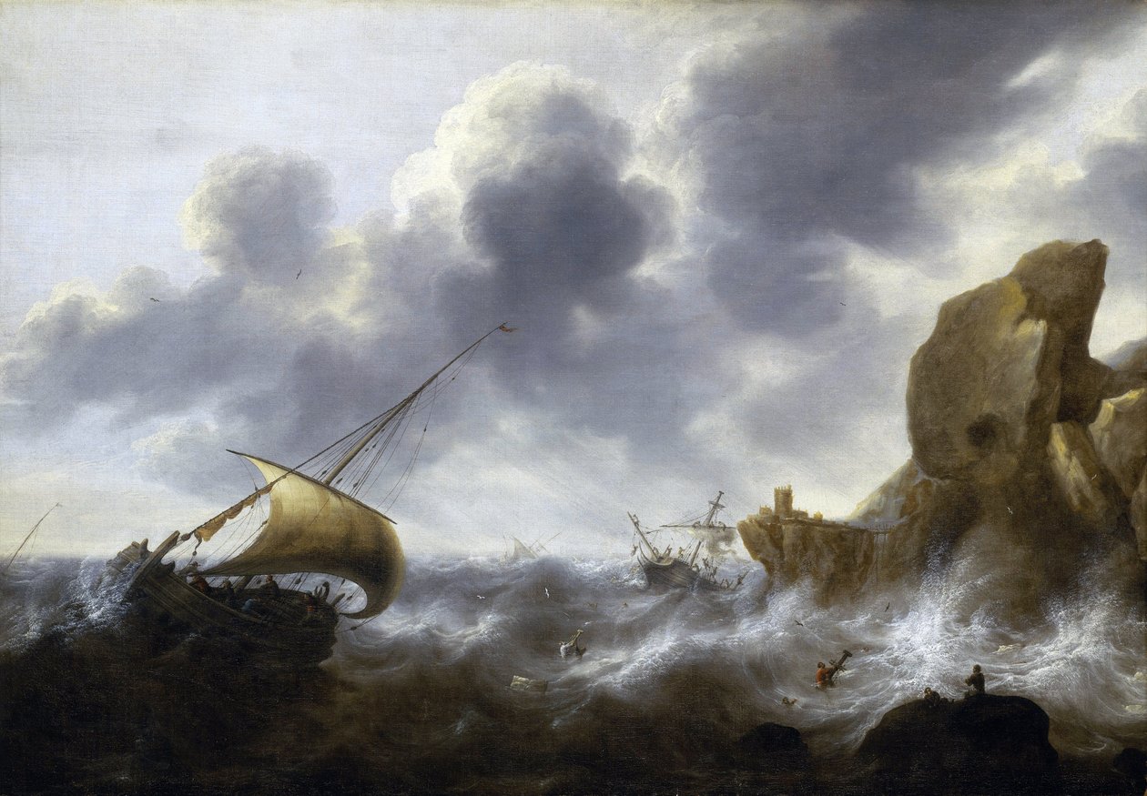 Barca da pesca catturata in una tempesta vicino a una costa rocciosa, con un naufragio da Jacob Adriaensz. Bellevois