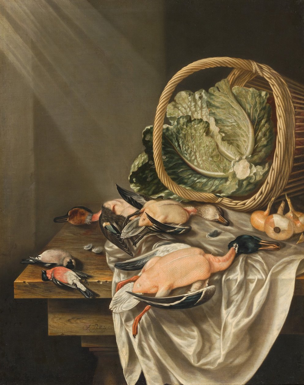 Natura morta in cucina con cesto rovesciato di lattuga, selvaggina e verdure da Jacob Biltius