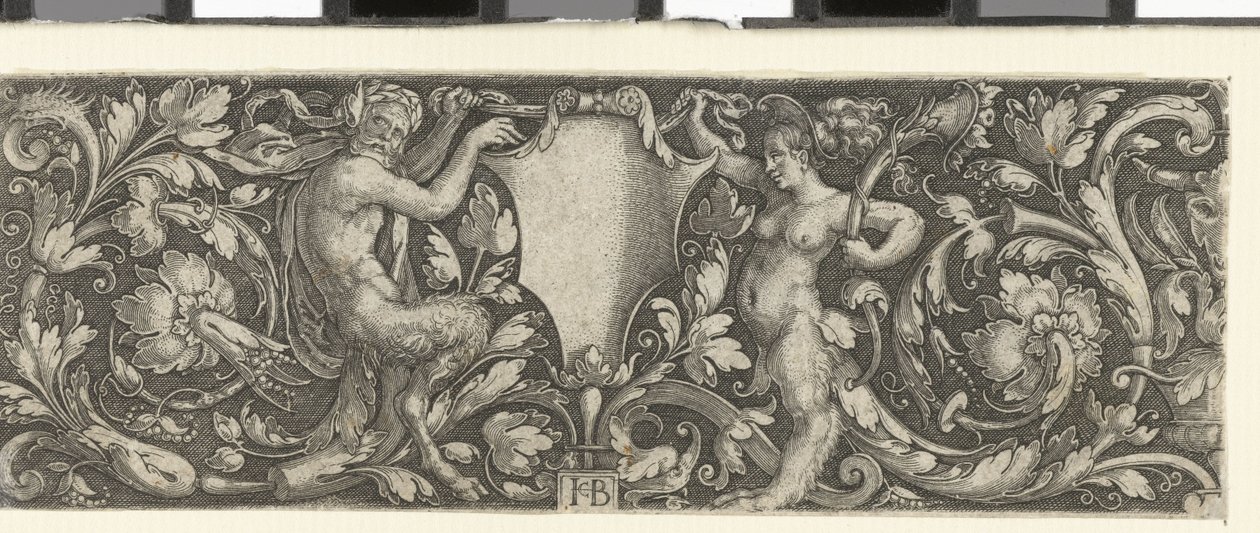 Fregio con uno scudo portato da un satiro maschio e uno femmina da Jacob Binck (signed by artist)