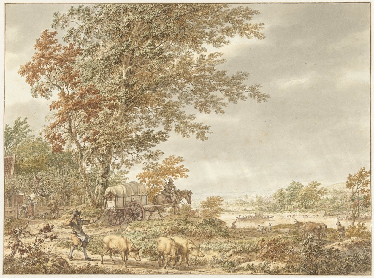 Paesaggio collinare con pastore di maiali e altre figure, un fiume in lontananza da Jacob  Cats