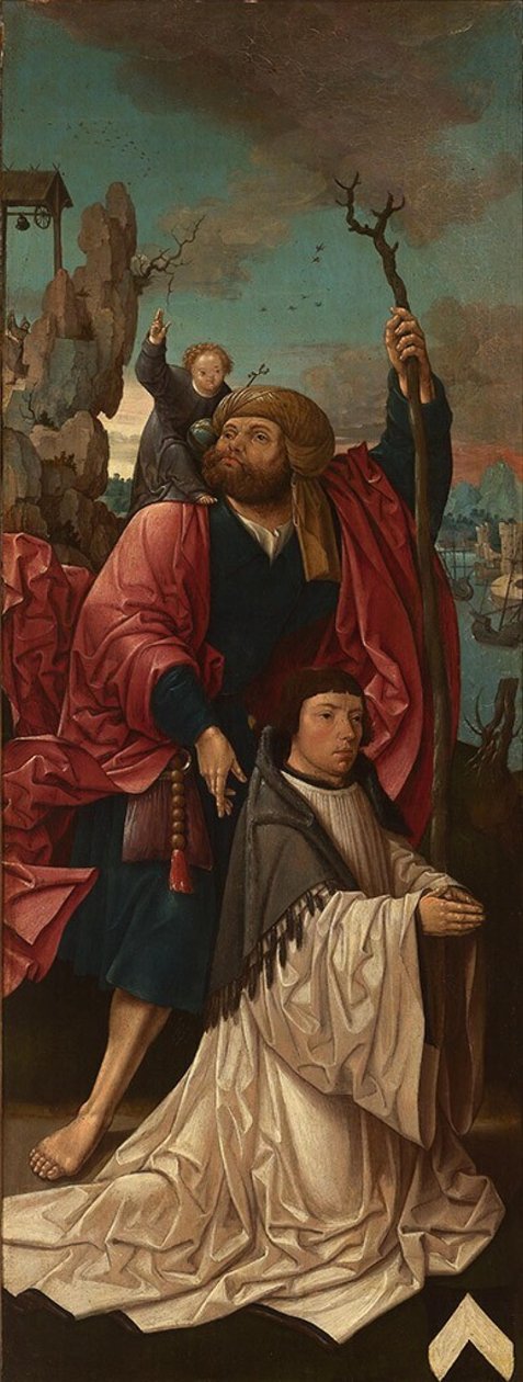 Olandese: De Saint Christopher con un fondatore Canonico Dirk Willemsz van Rietwijk con San Cristoforo da Jacob Cornelisz van Oostsanen