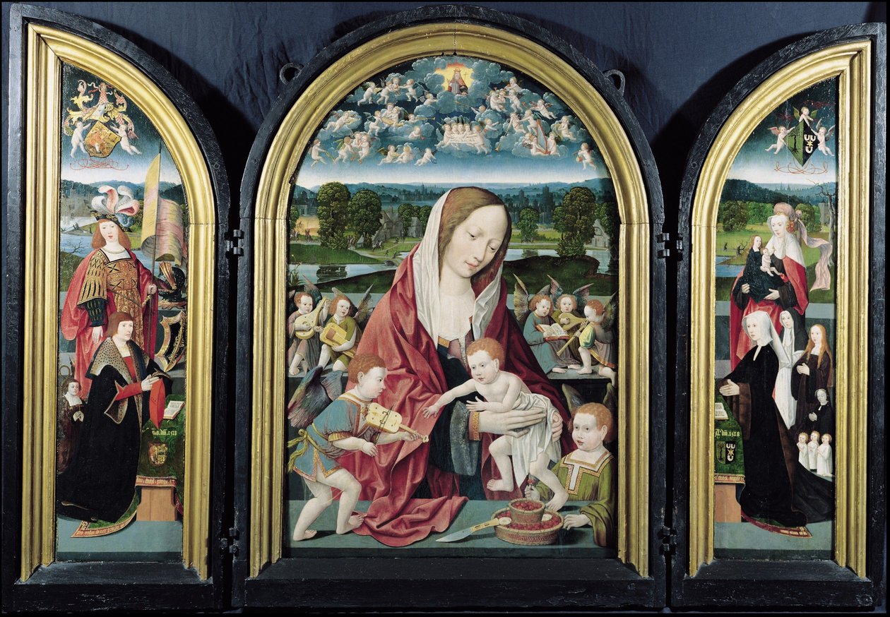 Vergine e Bambino con angeli musicanti e la famiglia Sampsons-Coolen, Trittico, 1500-1525 da Jacob Cornelisz van Oostsanen