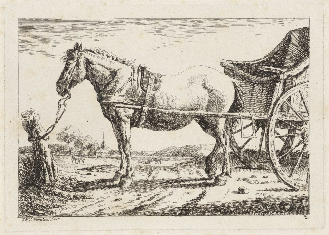 Cavallo in piedi, attaccato a un carro (sei stampe da disegni di vari maestri) da Jacob Elias van Varelen