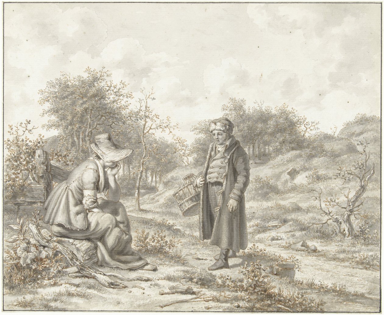 Paesaggio collinare con donna seduta e uomo in piedi con cesta da Jacob Ernst Marcus
