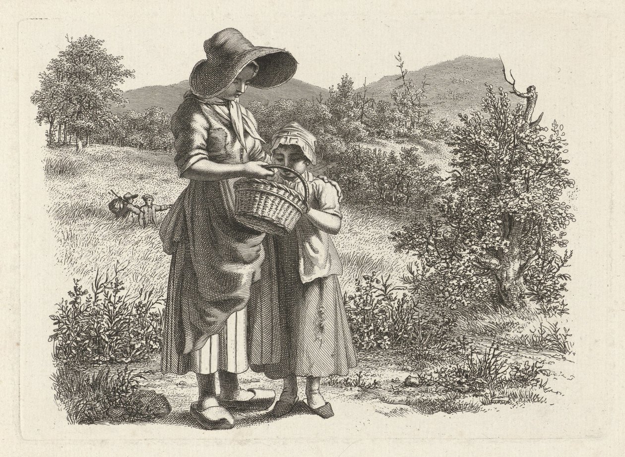 Giovane donna e bambino che guardano in un cestino (serie di stampe di studio) da Jacob Ernst Marcus