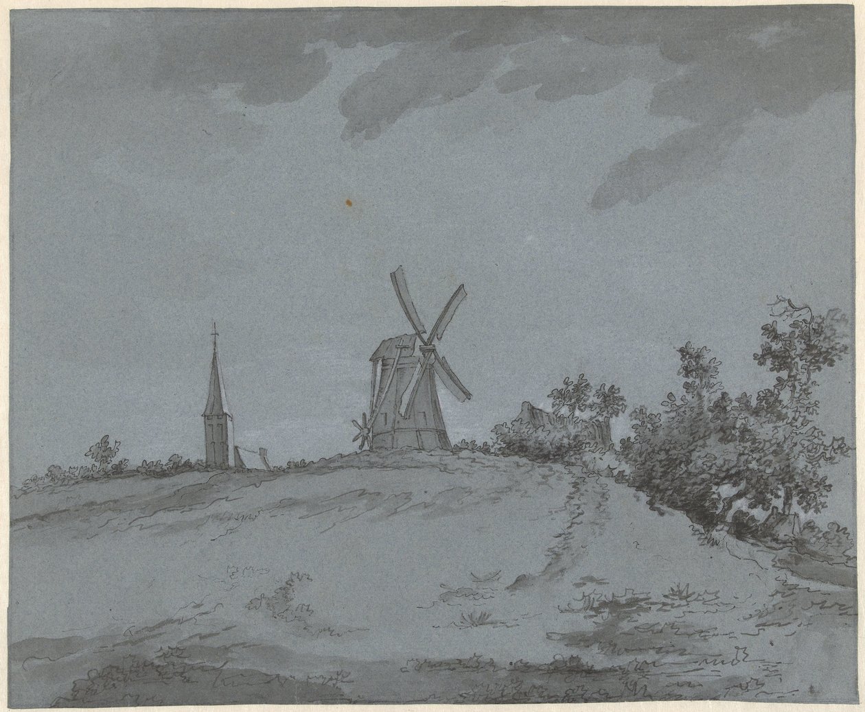 Paesaggio con mulino a vento e chiesa su una collina da Jacob Ernst Marcus