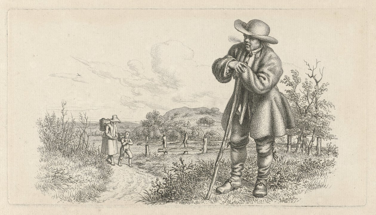 Uomo appoggiato a un bastone e donna con bambino su una strada di campagna (serie di stampe di studio) da Jacob Ernst Marcus