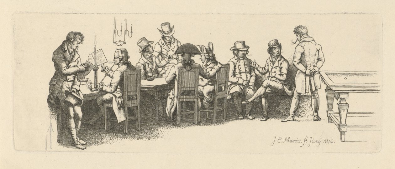 Uomini in una caffetteria con una sala da biliardo, 1814 da Jacob Ernst Marcus