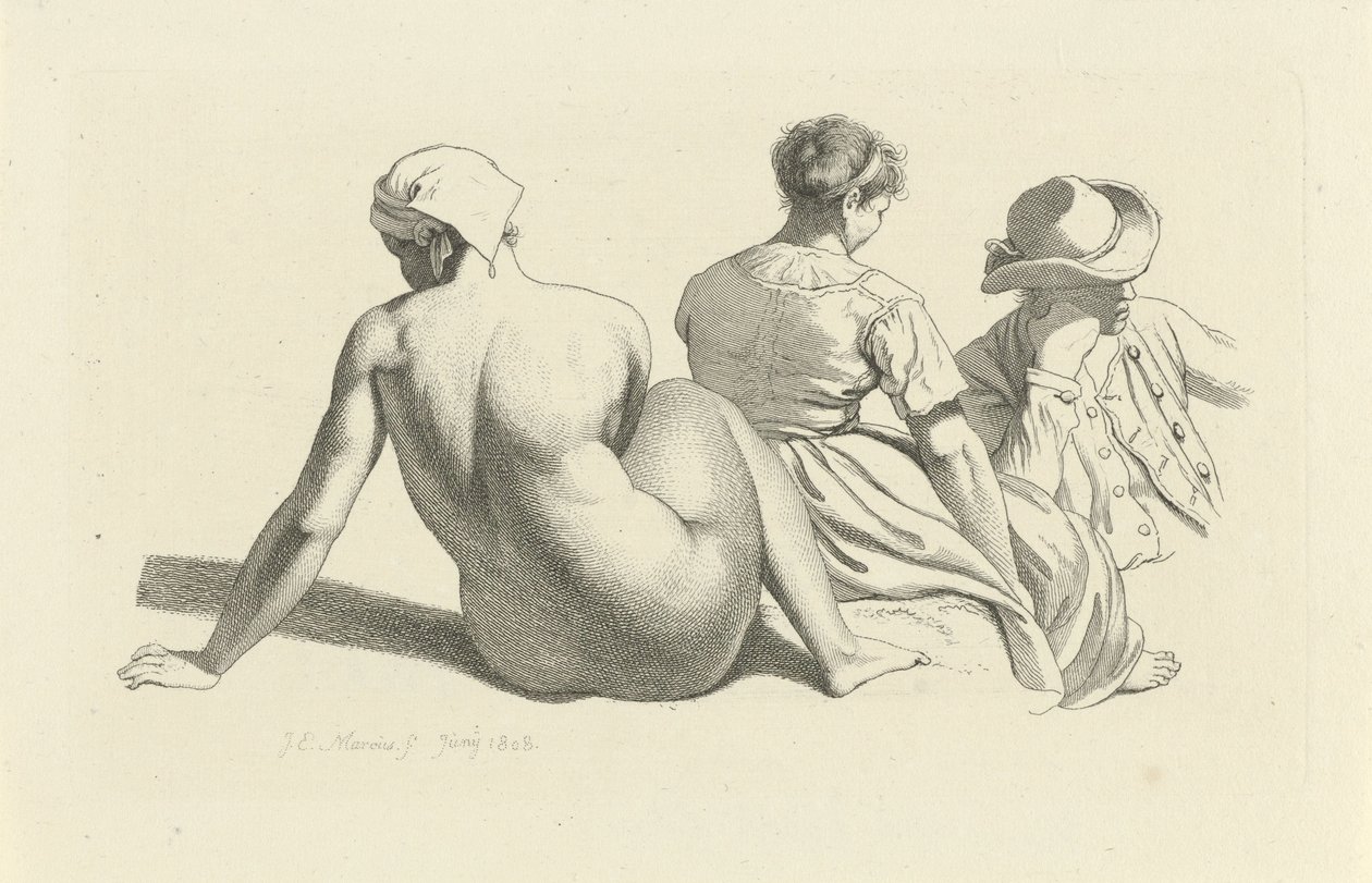 Foglio di studio con un nudo seduto e due figure (serie: Studi incisi) da Jacob Ernst Marcus
