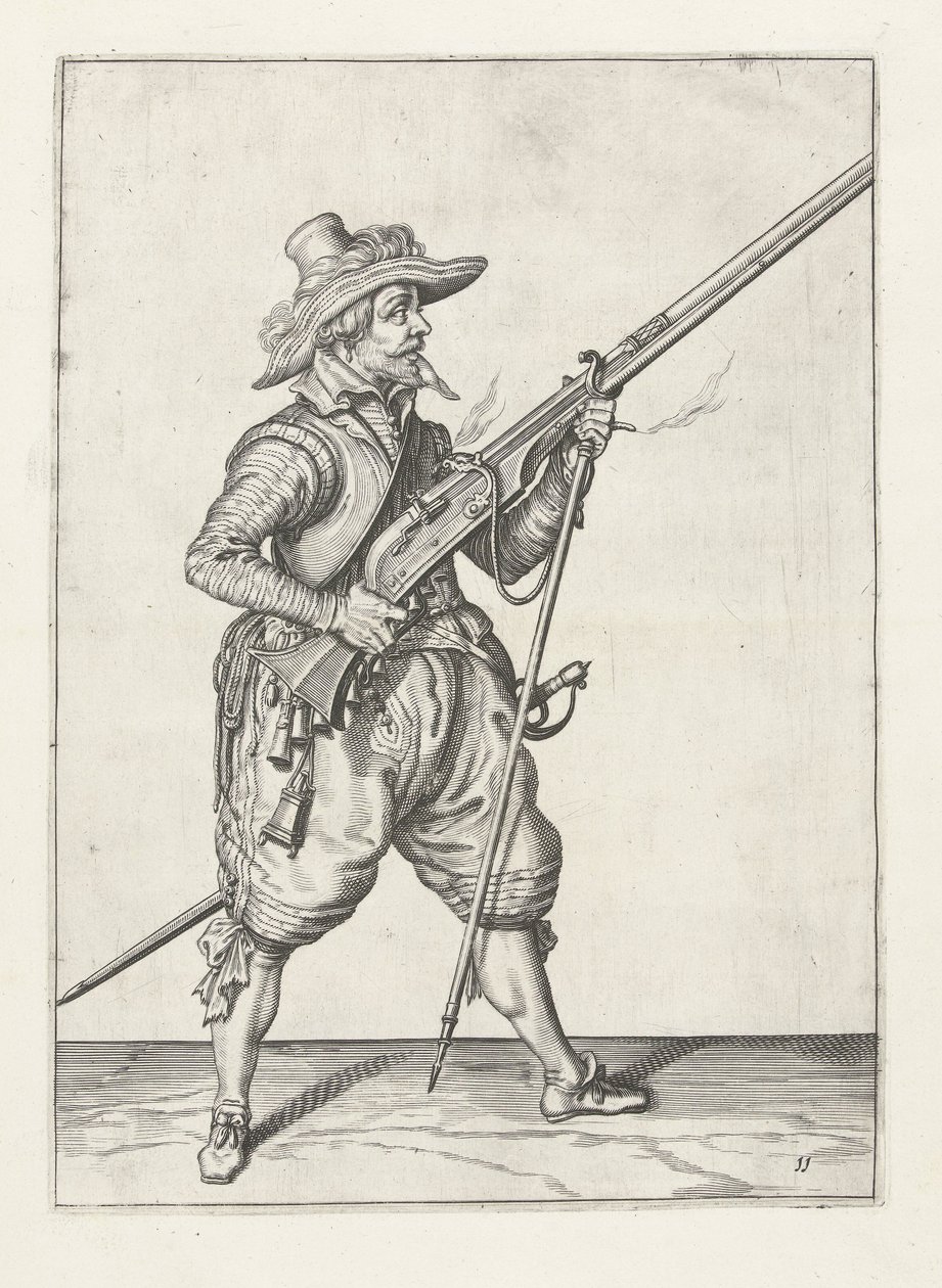 Moschettiere che posiziona il suo furket, c.1600 da Jacob II de Gheyn