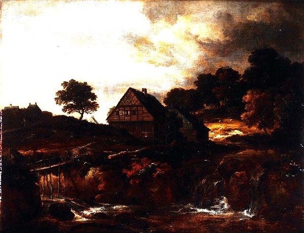 Paesaggio boscoso con contadino su un ponte sopra un torrente da Jacob I. van (follower of) Ruisdael