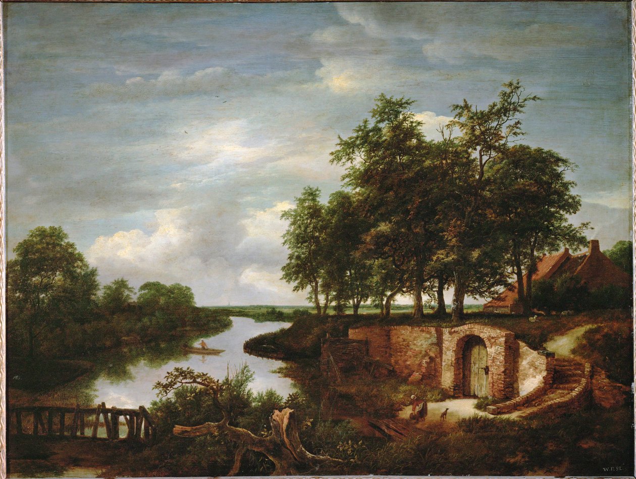 Paesaggio fluviale e ingresso di una cantina (dipinto su legno di quercia) da Jacob Isaaksz. or Isaacksz. van Ruisdael