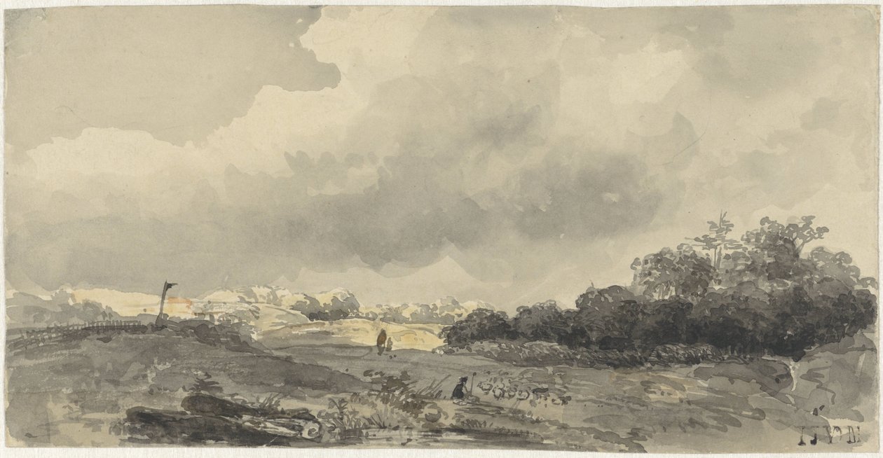 Paesaggio con pastore sotto un cielo nuvoloso da Jacob Jan van der Maaten