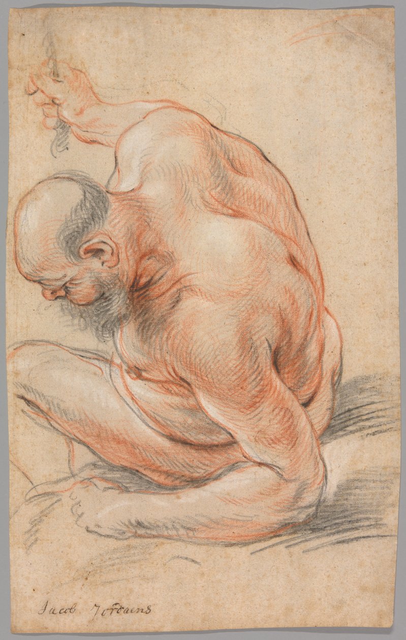 Vecchio nudo seduto, appoggiato sull