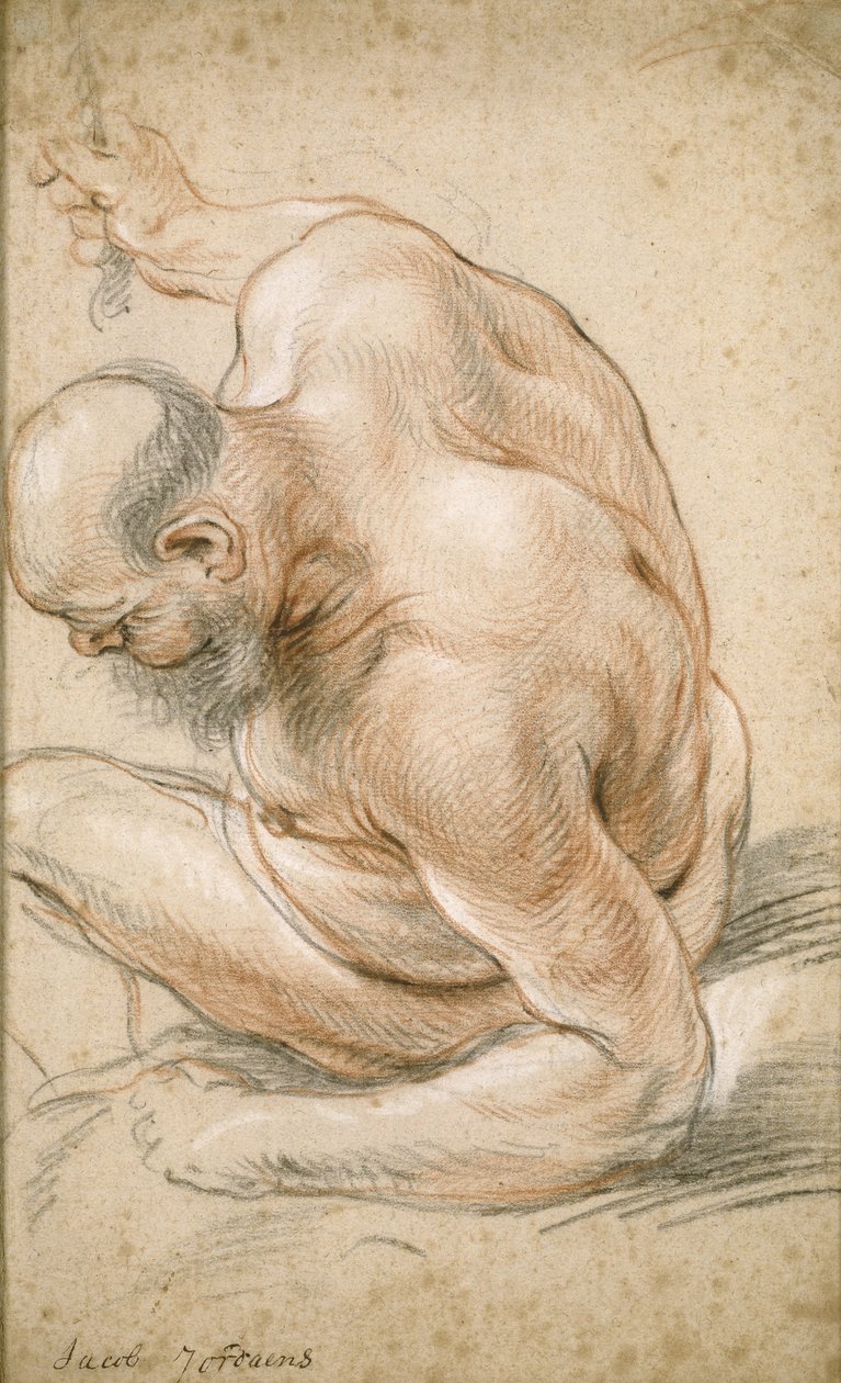 Vecchio nudo seduto, appoggiato sull