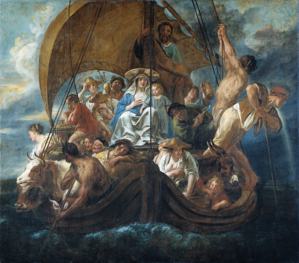 La Sacra Famiglia con varie persone e animali in una barca da Jacob Jordaens