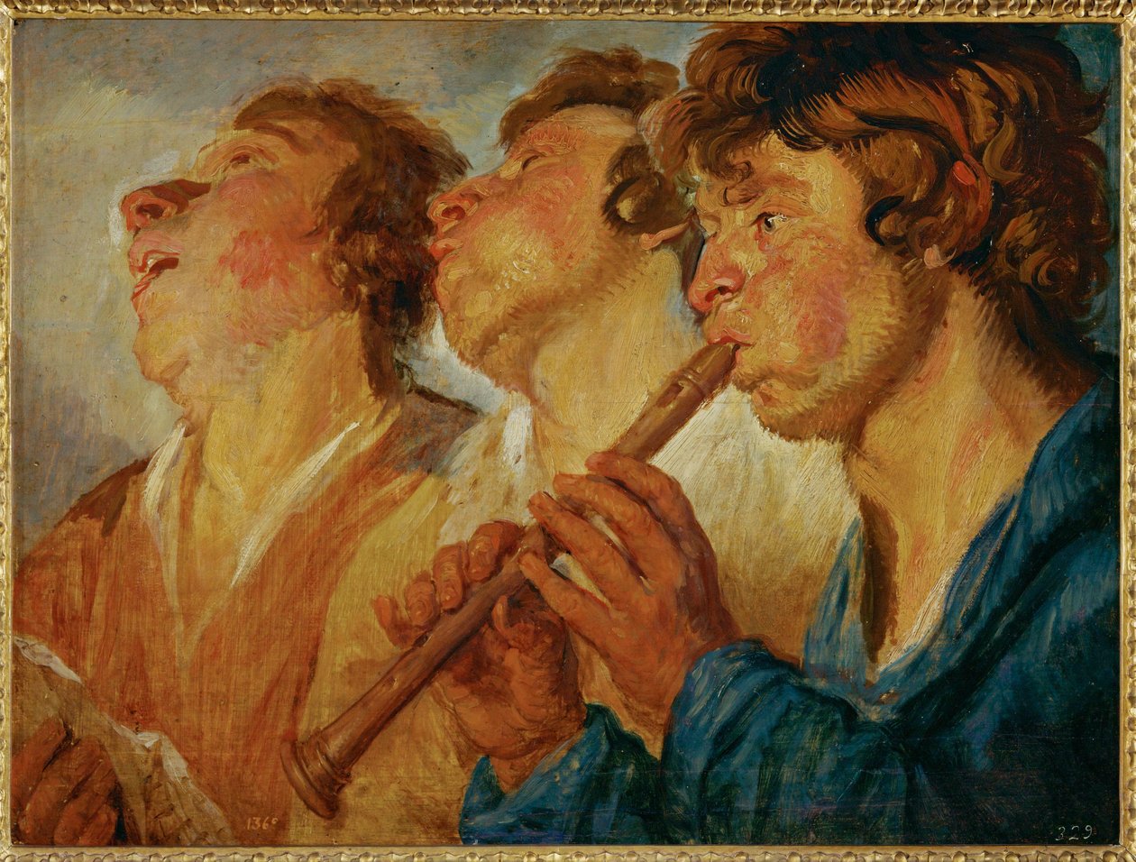 Tre musicisti erranti, due che cantano, un terzo che suona... (dipinto su tavola) da Jacob Jordaens