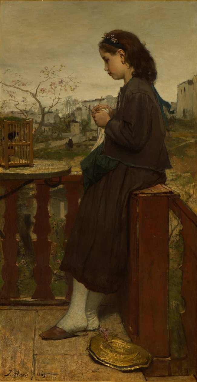 Ragazza che lavora a maglia su un balcone, Montmartre da Jacob Maris