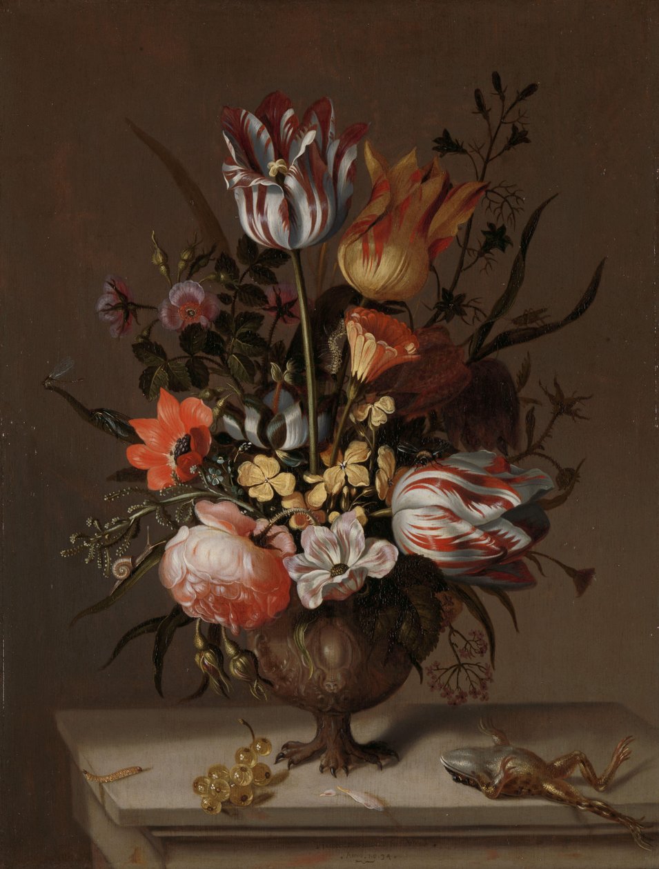 Natura morta con un vaso di fiori e una rana morta da Jacob Marrel