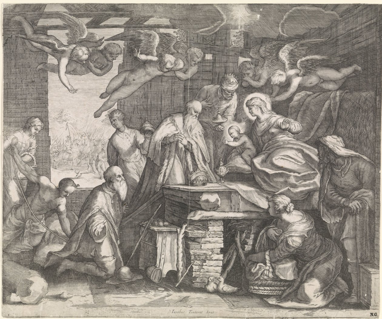 Adorazione dei Magi con angeli da Jacob Matham (workshop of)