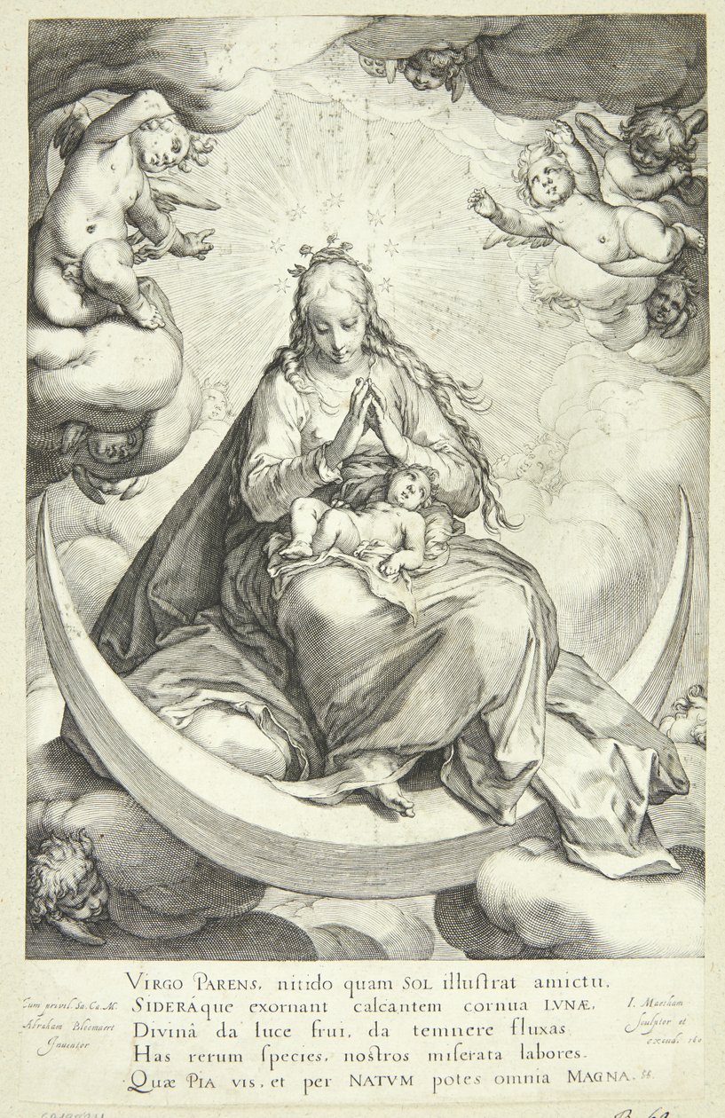 Vergine Maria con il Bambino Gesù sulla falce di luna, circondata da angeli da Jacob Matham