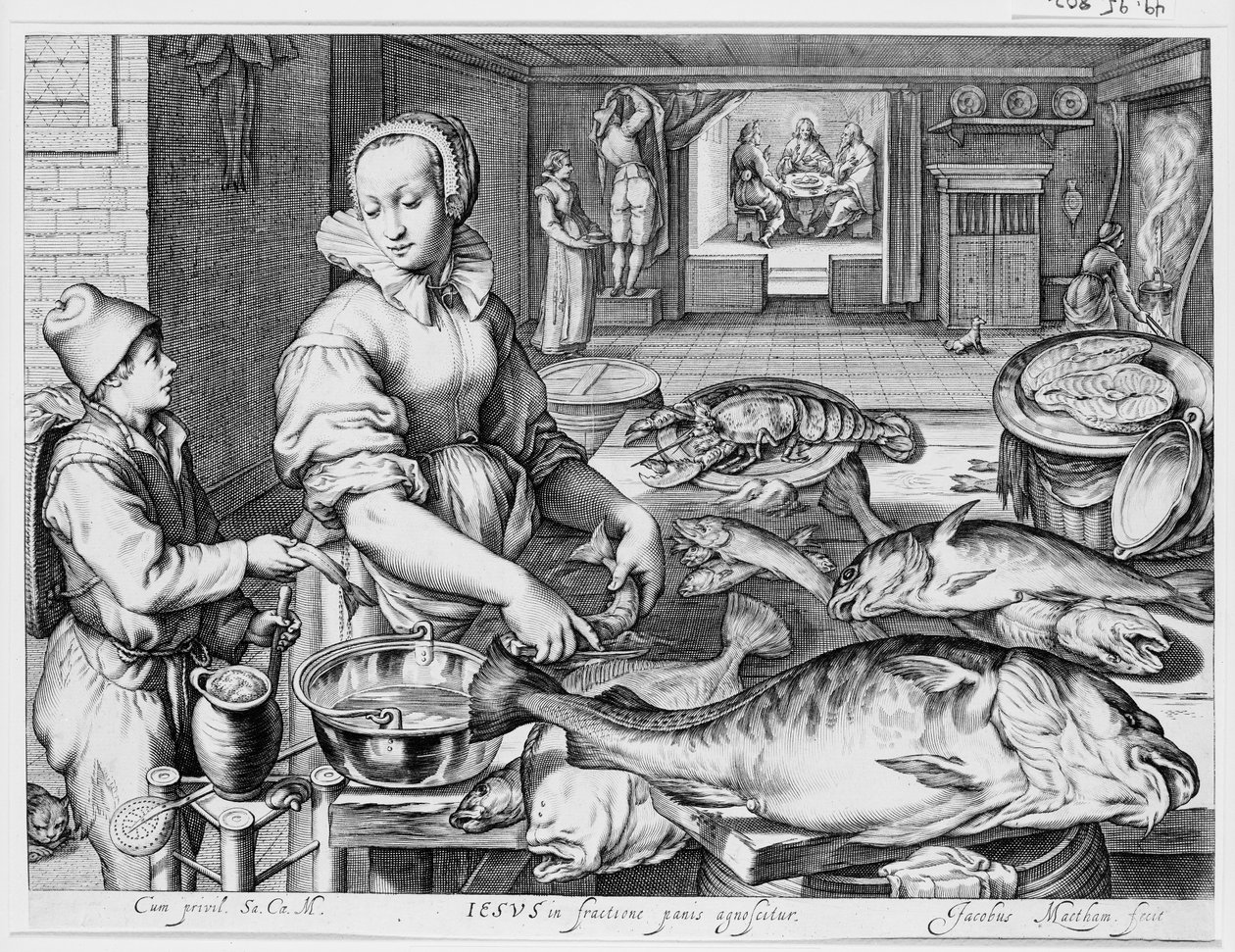 Scena di cucina con domestica che prepara pesce, Cristo a Emmaus sullo sfondo, da Scene di cucina e di mercato con scene bibliche sullo sfondo da Jacob Matham