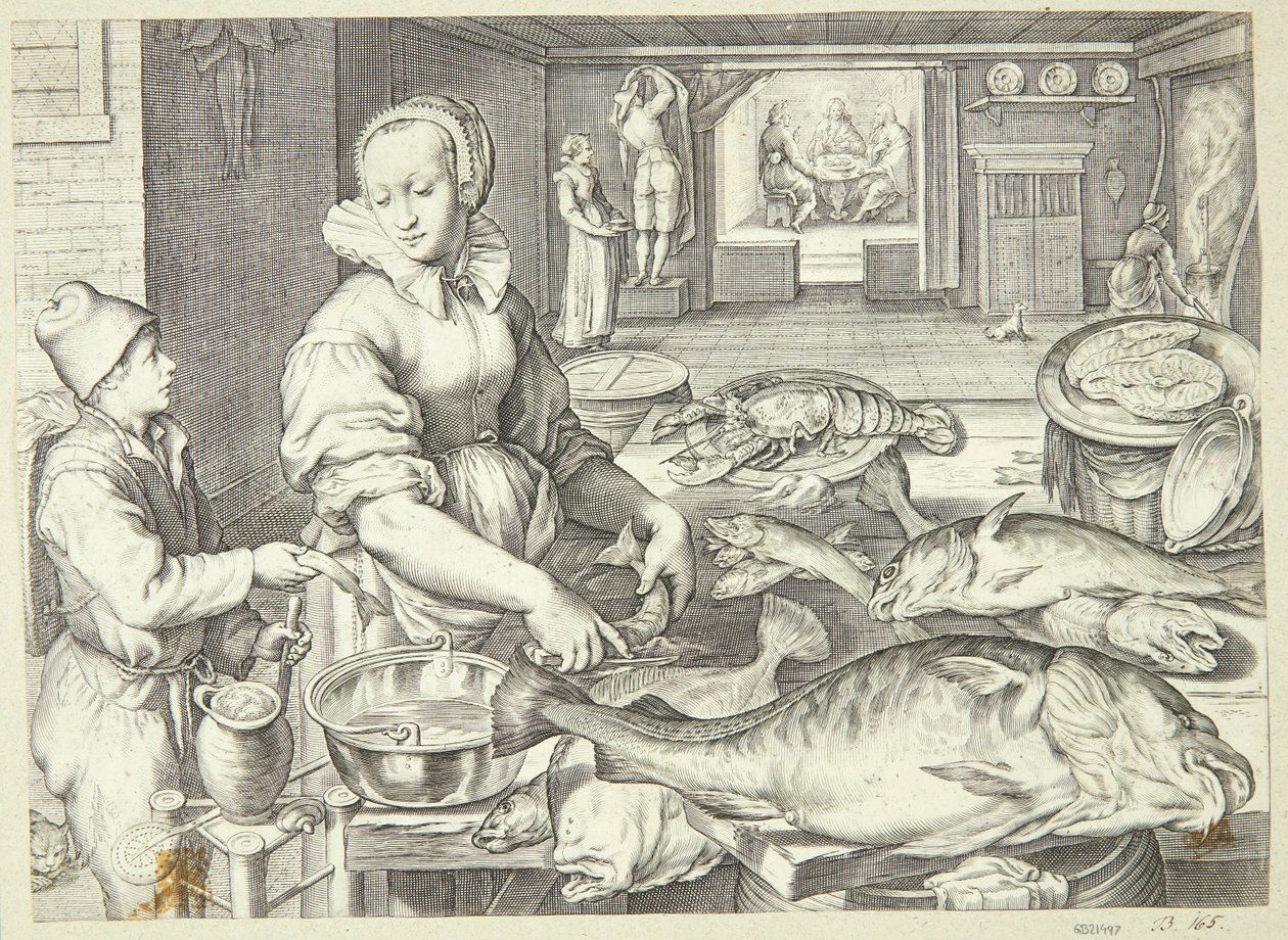 Scena di cucina con una cuoca che pulisce il pesce da Jacob Matham