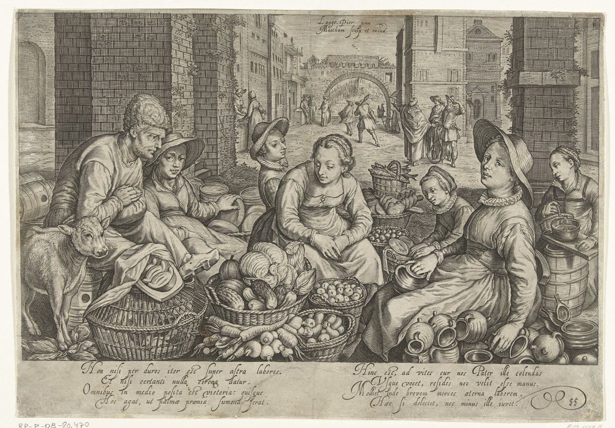 Scena di mercato con sullo sfondo la parabola dei lavoratori nella vigna, ca. 1600 da Jacob Matham