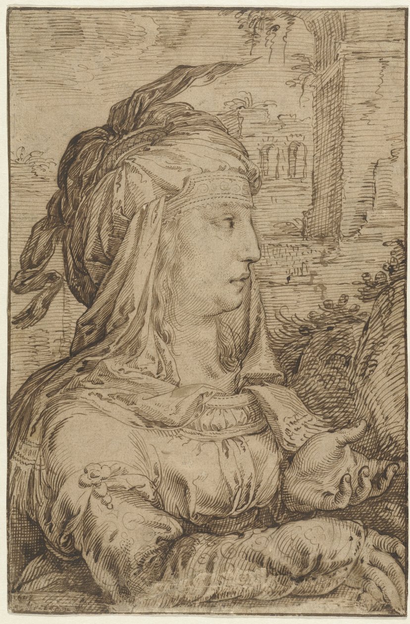 Donna in costume di fantasia, di profilo verso destra da Jacob Matham