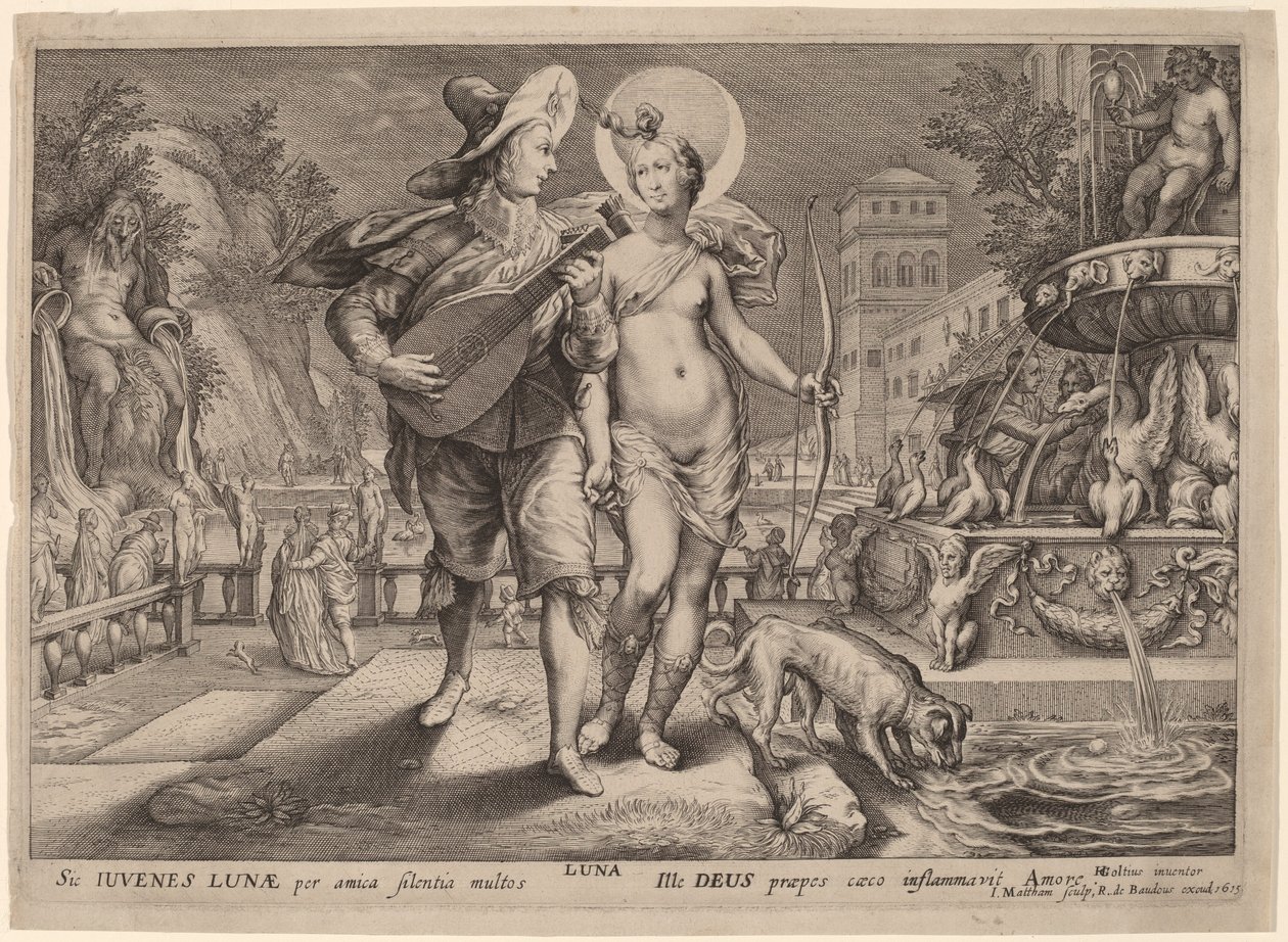 Diana come Luna che accompagna un giovane che fa una serenata da Jacob Matham, after Hendrik Goltzius