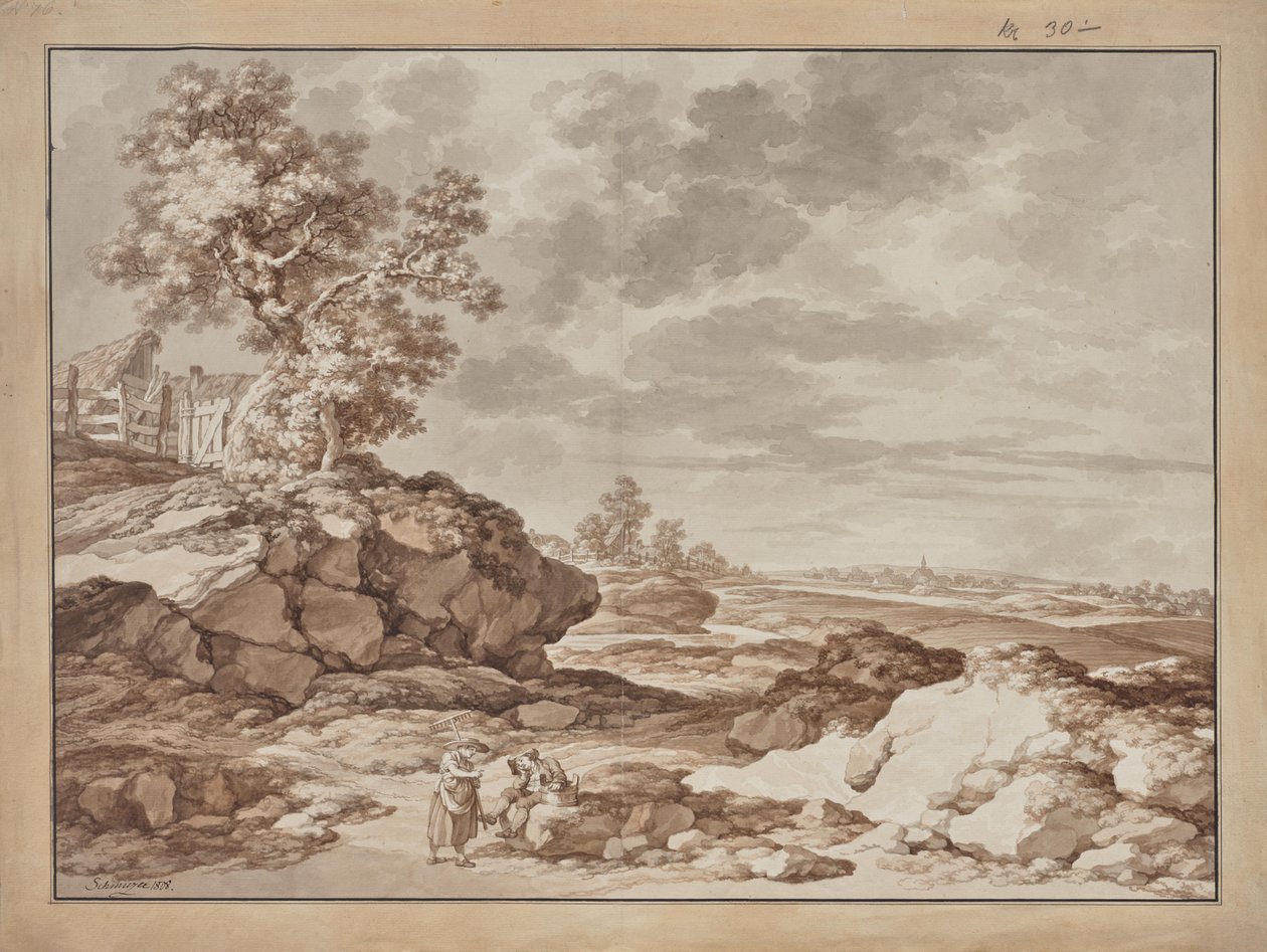 Paesaggio con villaggio e due contadini da Jacob Matthias Schmutzer