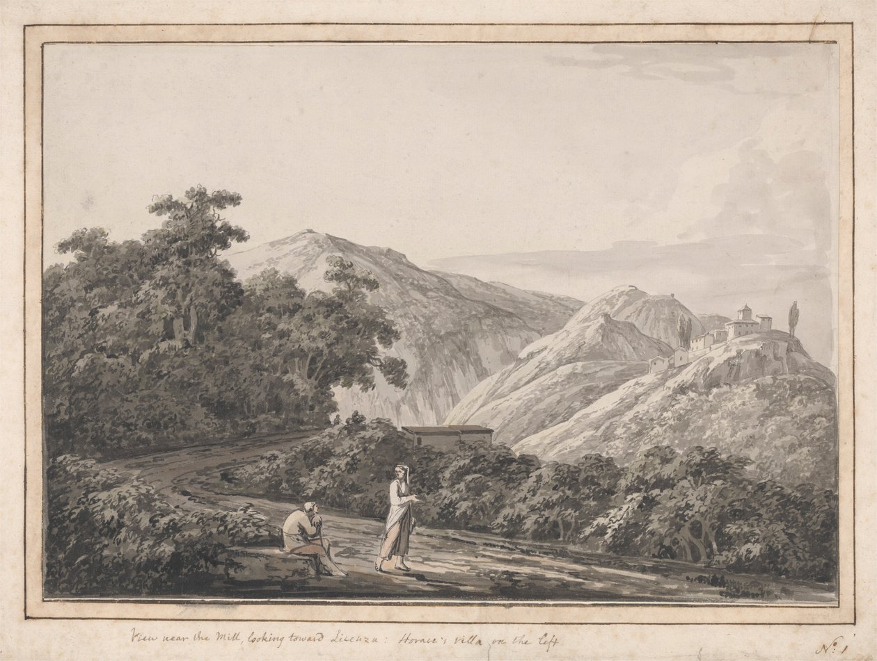 Vista vicino al mulino guardando verso Licenza: Villa di Orazio a sinistra da Jacob More