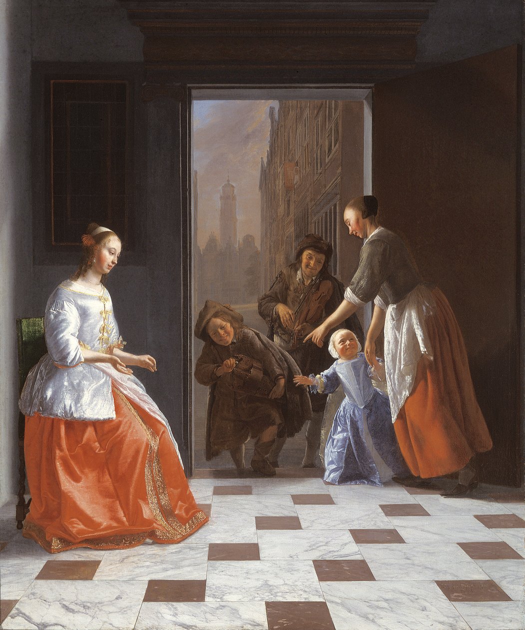 Musicisti di strada alla porta da Jacob Ochtervelt