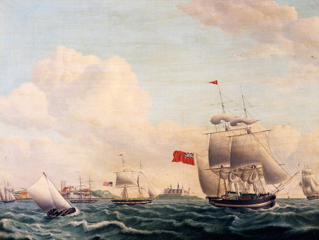 Navi che attraversano lo stretto di Oresund tra Svezia e Danimarca con il castello di Kronborg sullo sfondo da Jacob Petersen